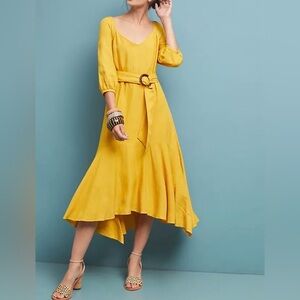 Anthropologie Maeve Artemis Midi Dress Mustard Yellow Ruffle Hem, Belted. Size 6